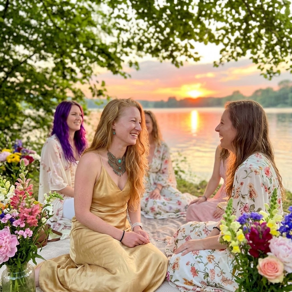 Cathleen Weber mit drei Frauen im Kreis an einem See bei Sonnenuntergang, umgeben von Blumen und Bäumen.